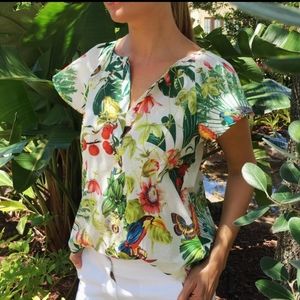 J. CREW Into The Wild Italian Ratti Tropical Floral Print Ruffle Sleeve Top NWT